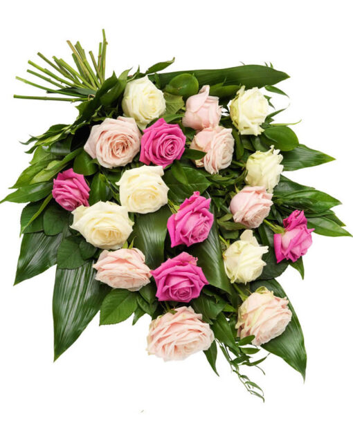 Snittblomster * Begravelse - bårebukett med yndige roser i lyserøde og hvite nyanser