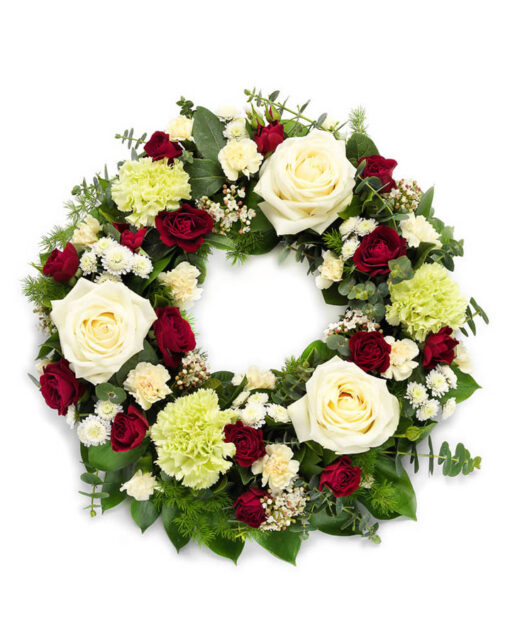 Snittblomster * Begravelse - Elegant begravelseskrans : Roser, krysantemum, nelliker, viburnum med årstidens grønt