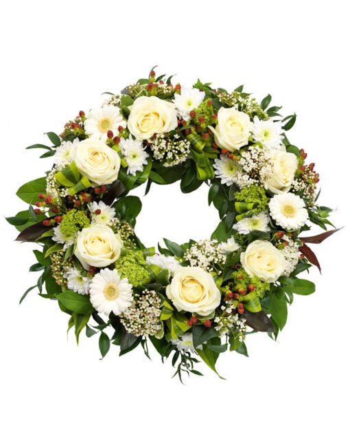 Snittblomster * Begravelse - Klassisk bårekrans - roser, gerbera, krysantemum, viburnum og årstidens grønt